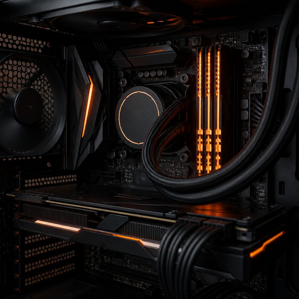 Close-up inside a gaming PC with a subtle orange glow on the components