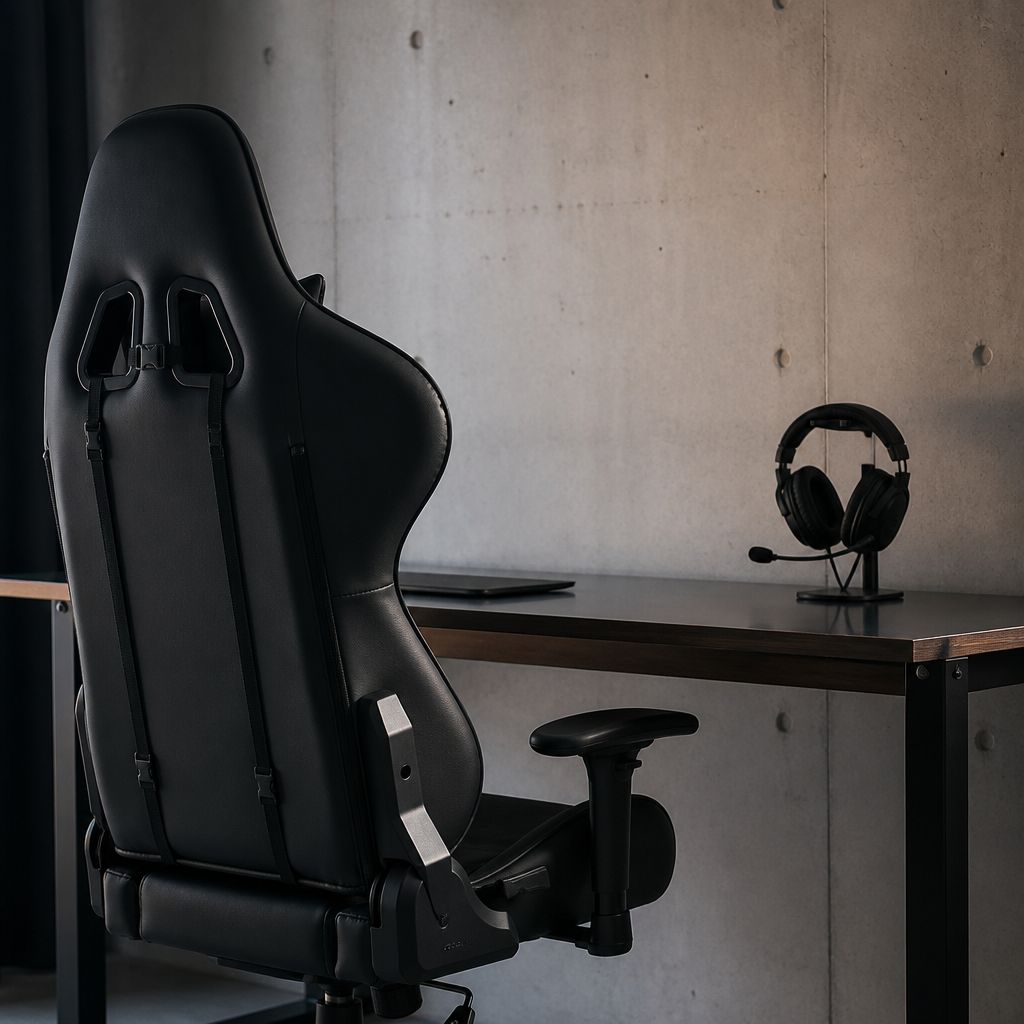 A gaming chair pulled up to a clean desk with a headset on a stand against a concrete wall