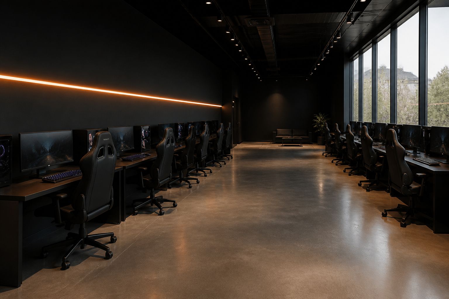 Rows of matte-black gaming desks along a polished concrete floor with a thin orange light strip on the wall