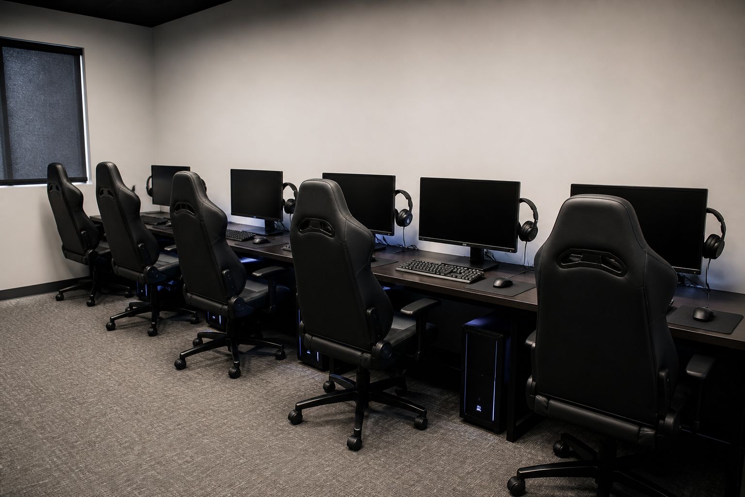 A private practice room with five identical gaming stations facing a shared setup